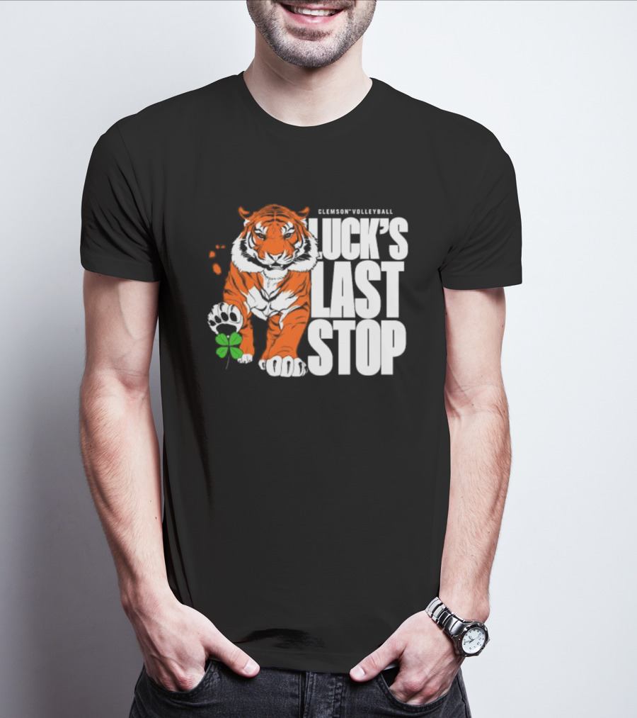 Clemson Volleyball Tiger Luck's Last Stop Tiger Paw With Clover T-Shirt
