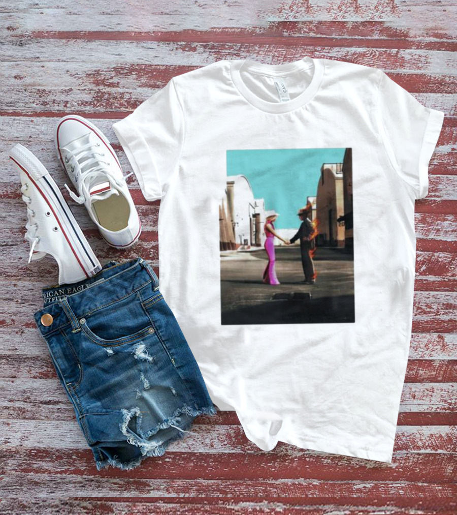 Barbenheimer Picture Woman In Pink And Flaming Figure In Studio Setting T-Shirt