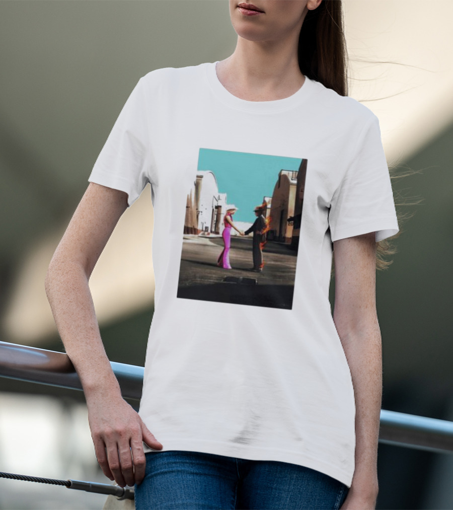 Barbenheimer Picture Woman In Pink And Flaming Figure In Studio Setting T-Shirt