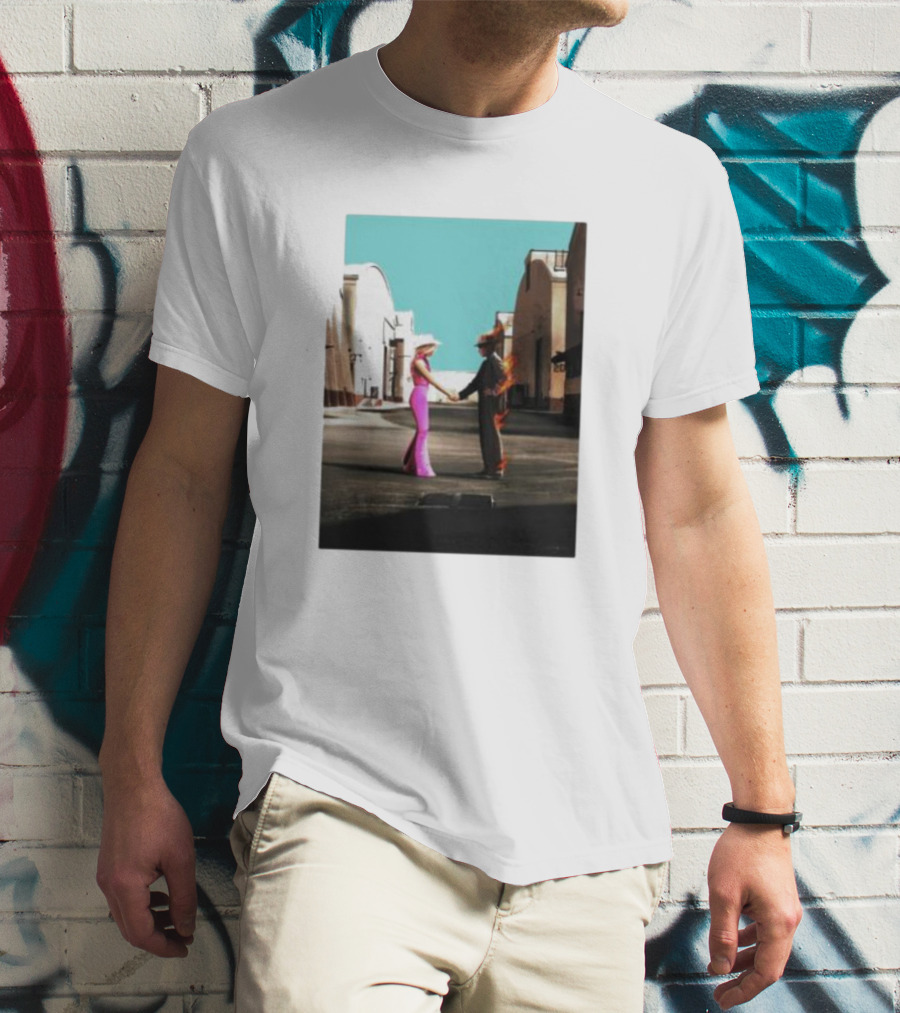 Barbenheimer Picture Woman In Pink And Flaming Figure In Studio Setting T-Shirt