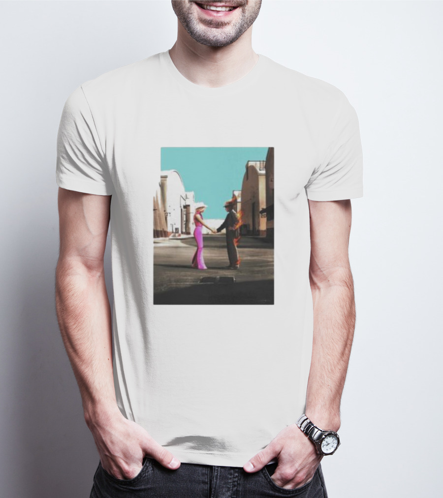 Barbenheimer Picture Woman In Pink And Flaming Figure In Studio Setting T-Shirt