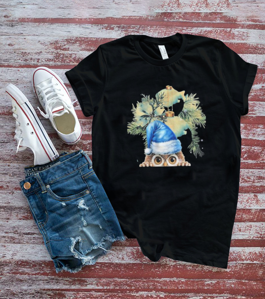 Funny Christmas Owl With Blue Santa Hat And Pine Tree Garland T-Shirt