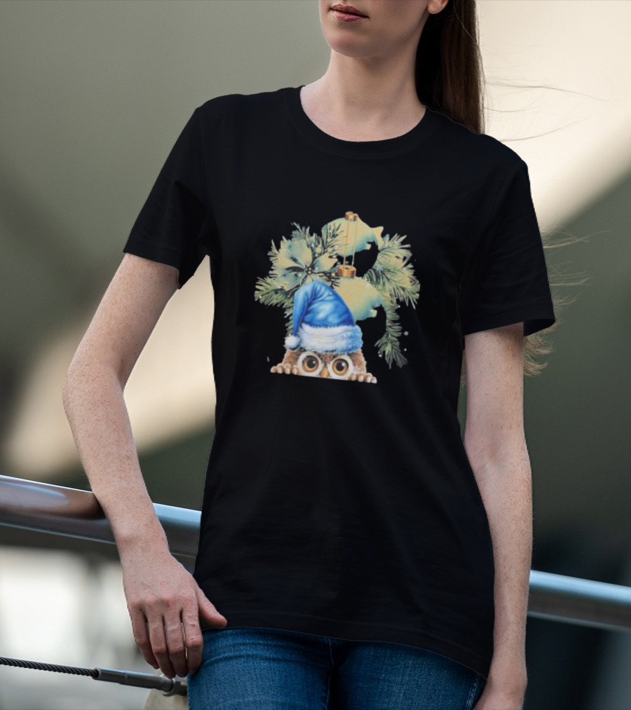 Funny Christmas Owl With Blue Santa Hat And Pine Tree Garland T-Shirt