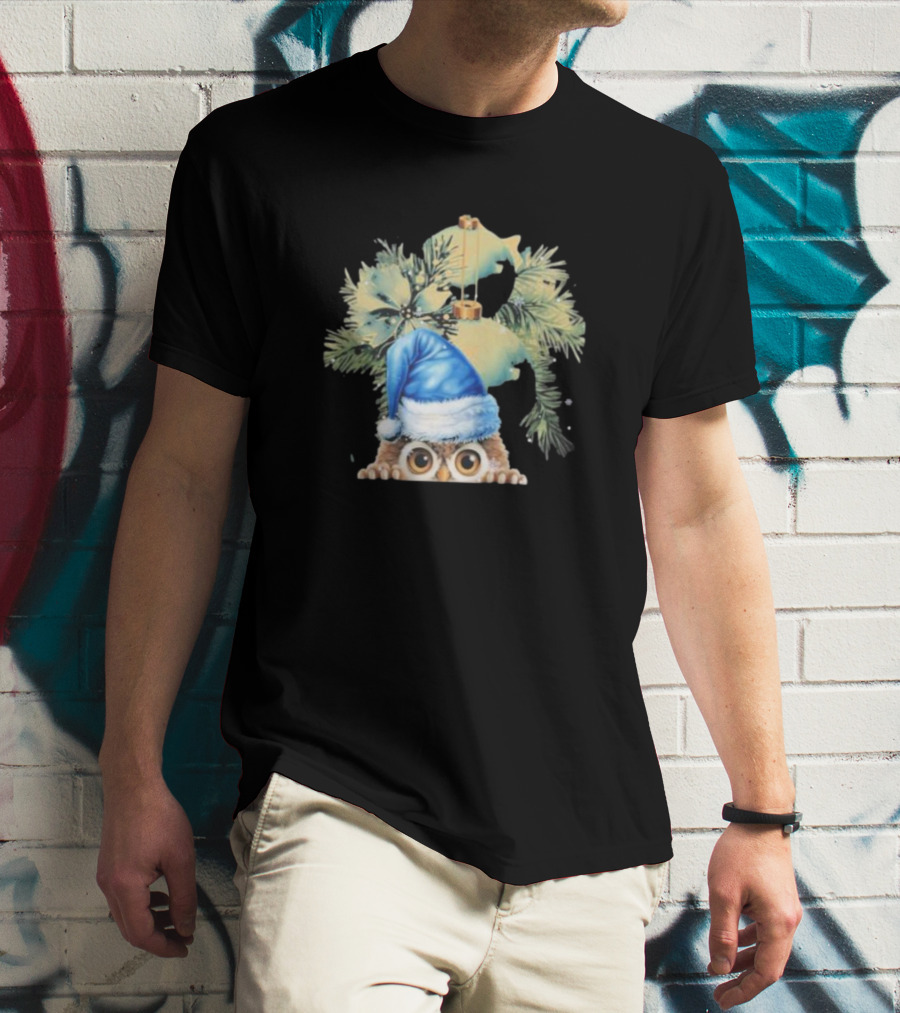Funny Christmas Owl With Blue Santa Hat And Pine Tree Garland T-Shirt