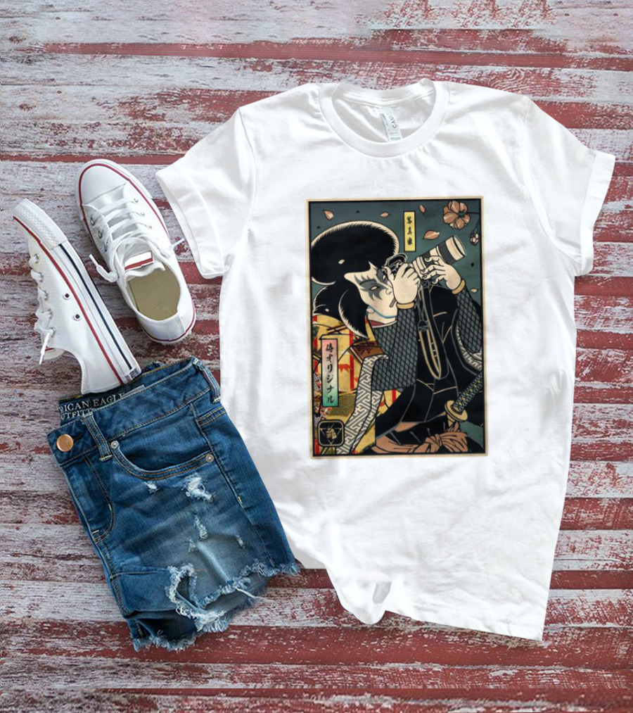 Samurai Ukiyo-e Style Photographer With Katana And Cherry Blossoms T-Shirt