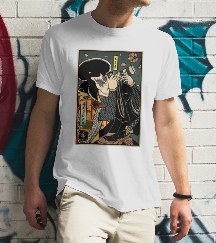 Samurai Ukiyo-e Style Photographer With Katana And Cherry Blossoms T-Shirt