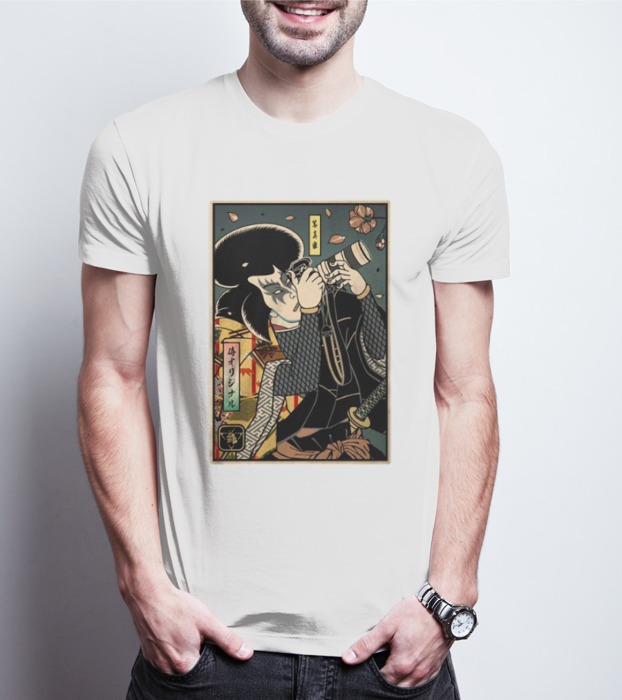 Samurai Ukiyo-e Style Photographer With Katana And Cherry Blossoms T-Shirt