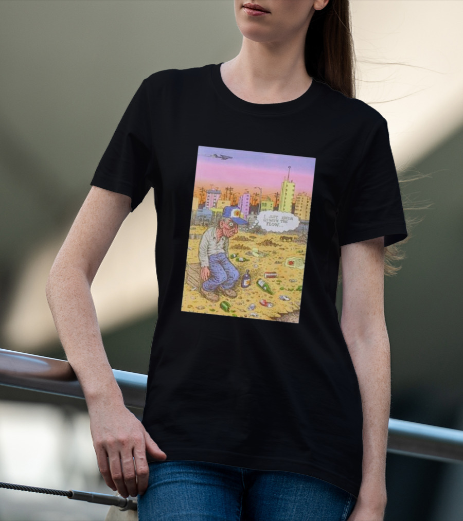 I Just Kinda Go With The Flow Urban Landscape Street Scene Garbage Surreal Art Airplane City Skyline T-Shirt