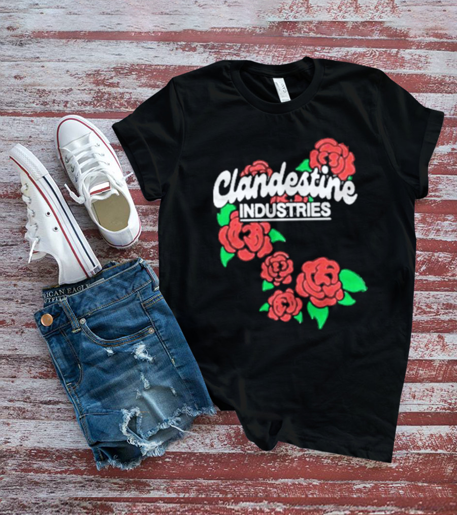 Clandestine Industries Roses Band With Red And Green Elements T-Shirt