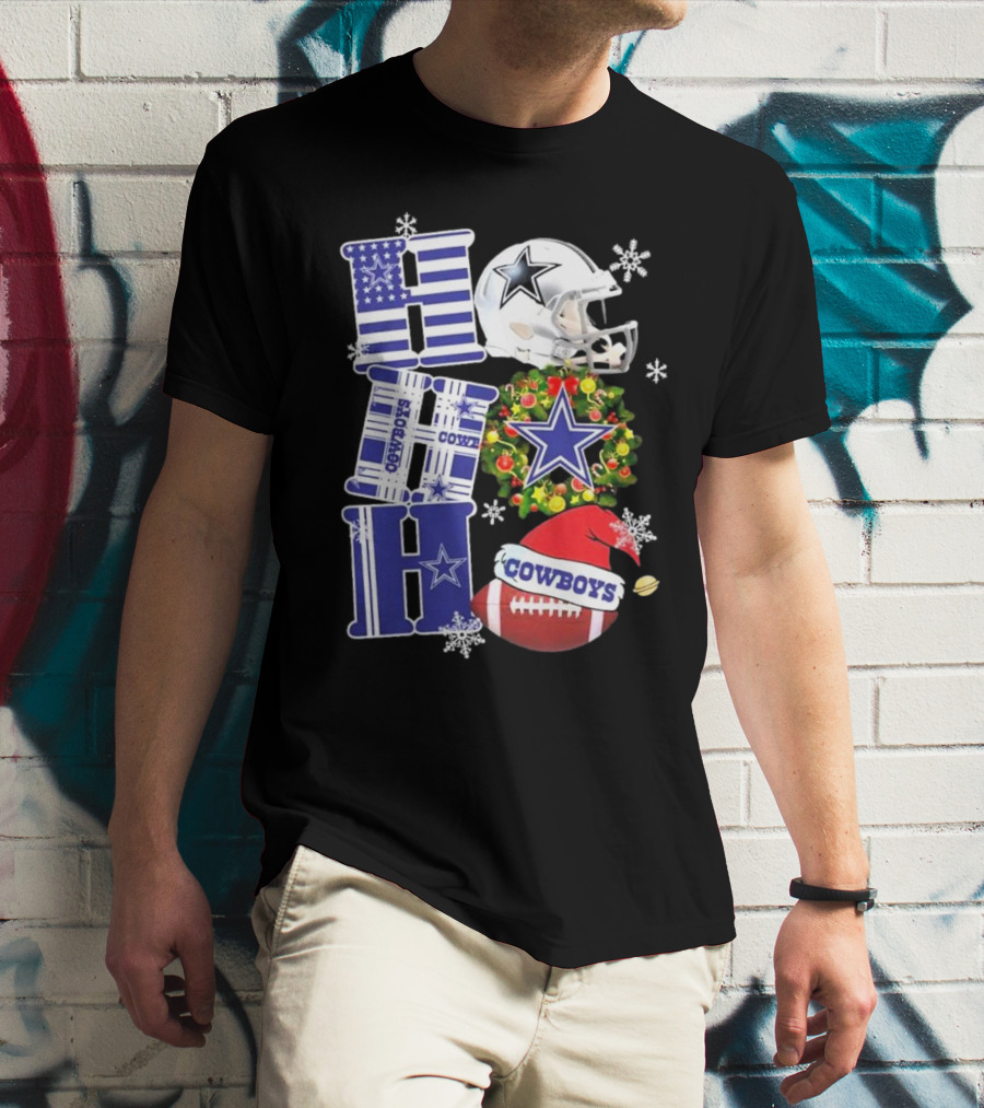 Dallas Cowboys Ho Ho Ho Merry Christmas Football Helmet Wreath Snowflakes T-Shirt
