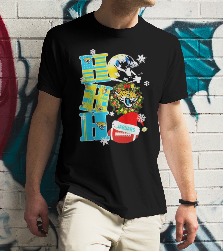 Jacksonville Jaguars Ho Ho Ho Merry Christmas Football Santa Hat Snowflakes Wreath T-Shirt