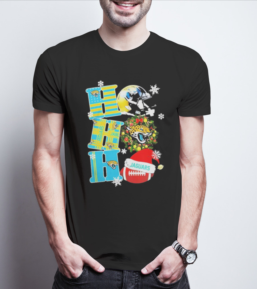 Jacksonville Jaguars Ho Ho Ho Merry Christmas Football Santa Hat Snowflakes Wreath T-Shirt