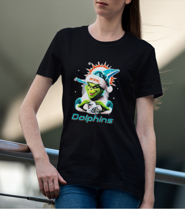 Miami Dolphins Christmas Grinch Santa Hat T-Shirt