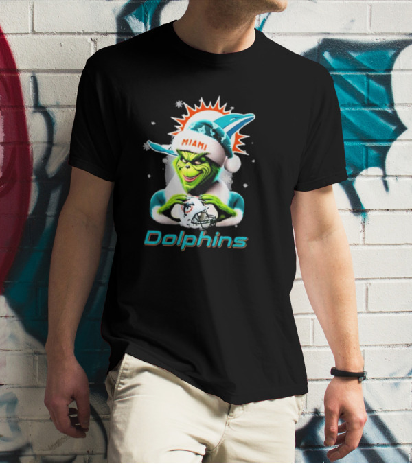 Miami Dolphins Christmas Grinch Santa Hat T-Shirt