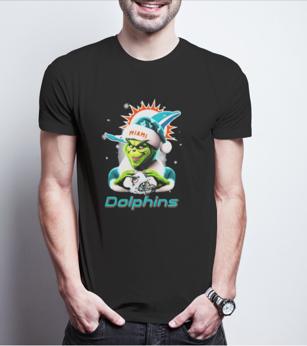 Miami Dolphins Christmas Grinch Santa Hat T-Shirt