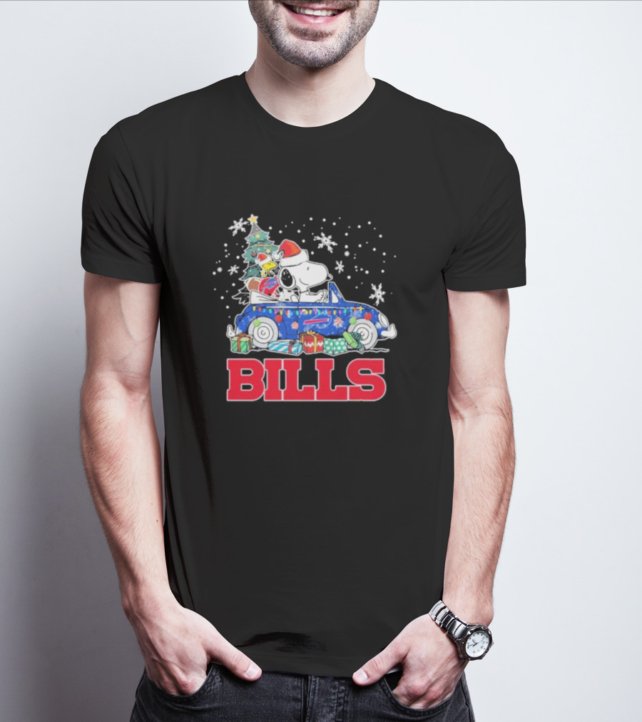 Peanuts Snoopy Woodstock Christmas Car Buffalo Bills Flag Winter Snowflakes T-Shirt