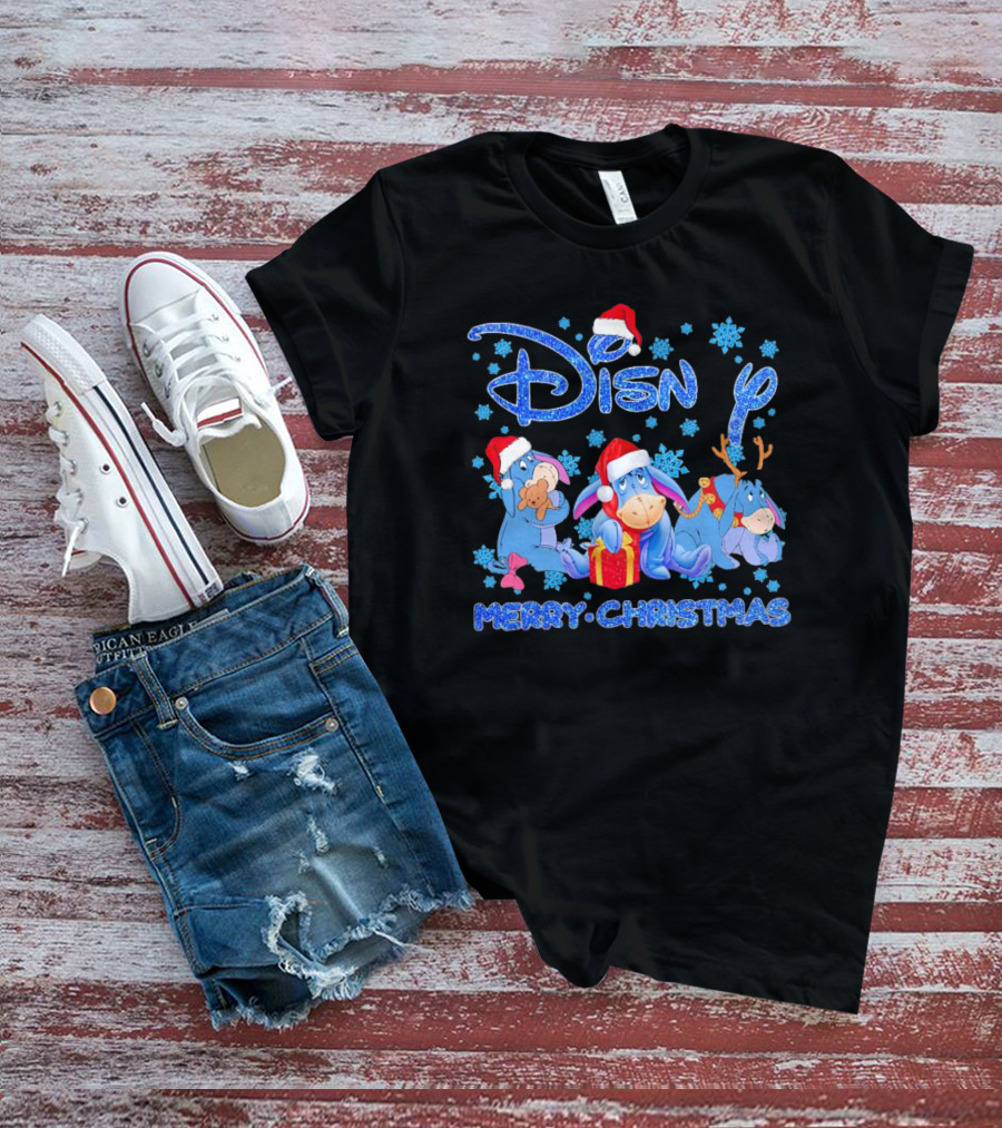 Disney Eeyore Santa Hat Winnie-the-Pooh Merry Christmas Snowflakes T-Shirt