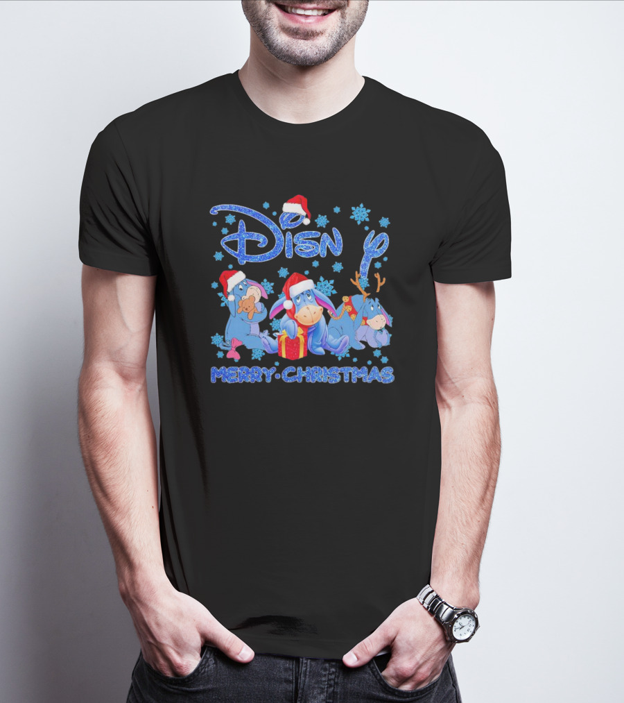 Disney Eeyore Santa Hat Winnie-the-Pooh Merry Christmas Snowflakes T-Shirt