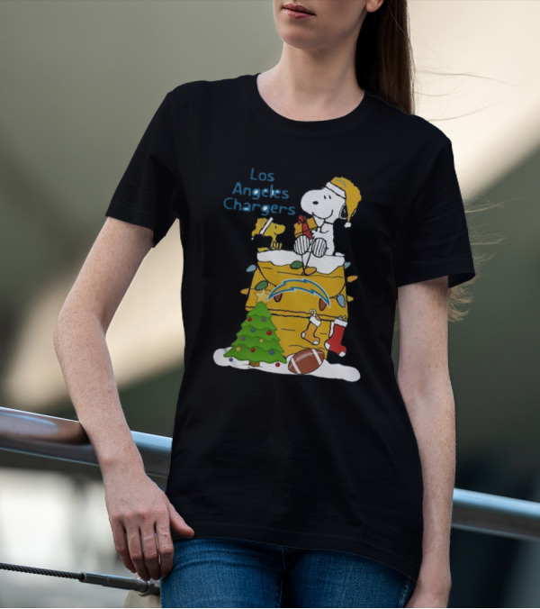 Santa Snoopy Woodstock Los Angeles Chargers Christmas Tree Football Socks T-Shirt