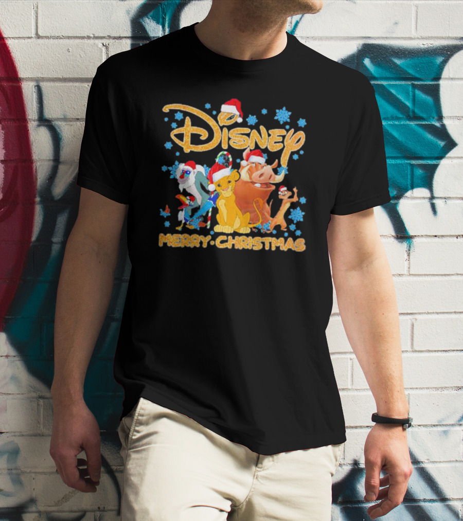 Disney Merry Christmas The Lion King Characters Santa Hats Snowflakes T-Shirt