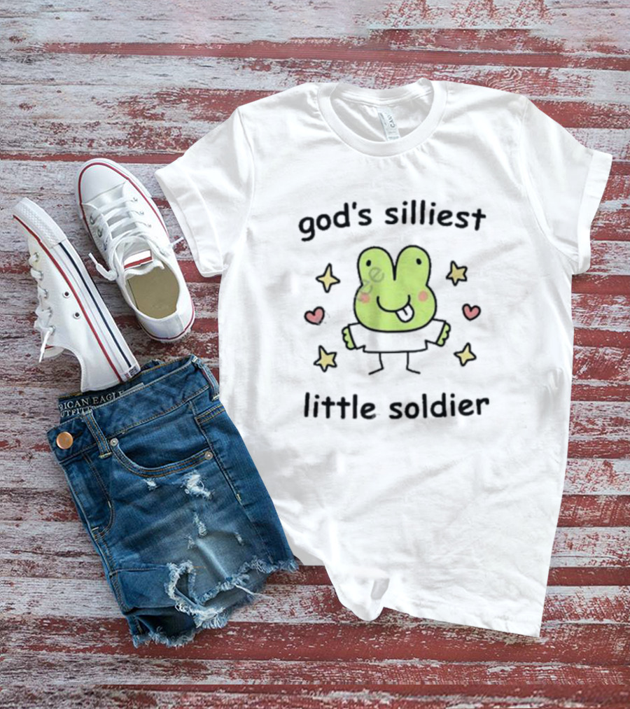 God's Silliest Little Soldier Cute Cartoon Frog With Stars And Hearts T-Shirt