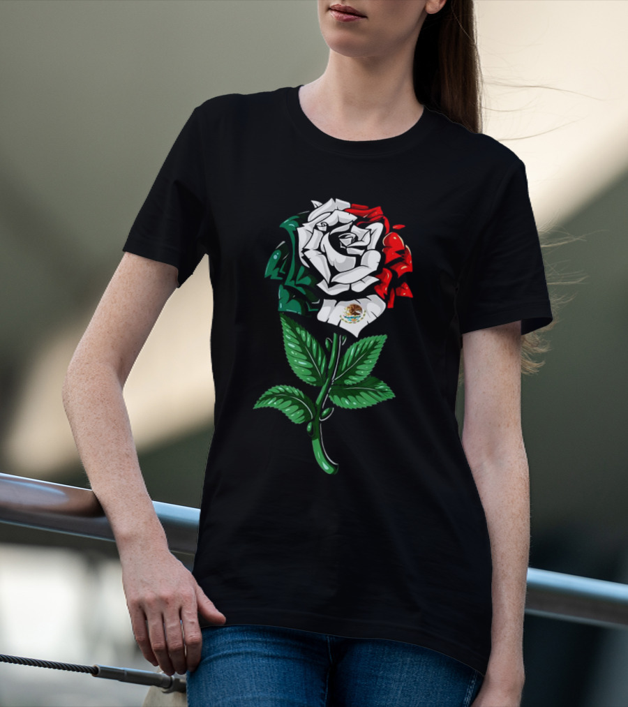 Rose In Colors Of Mexican Flag With Emblem T-Shirt