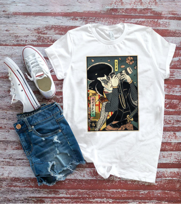 Samurai Photographer Ukiyo-e Style With Vintage Floral Elements T-Shirt