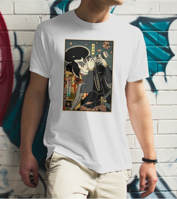 Samurai Photographer Ukiyo-e Style With Vintage Floral Elements T-Shirt
