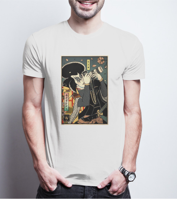 Samurai Photographer Ukiyo-e Style With Vintage Floral Elements T-Shirt