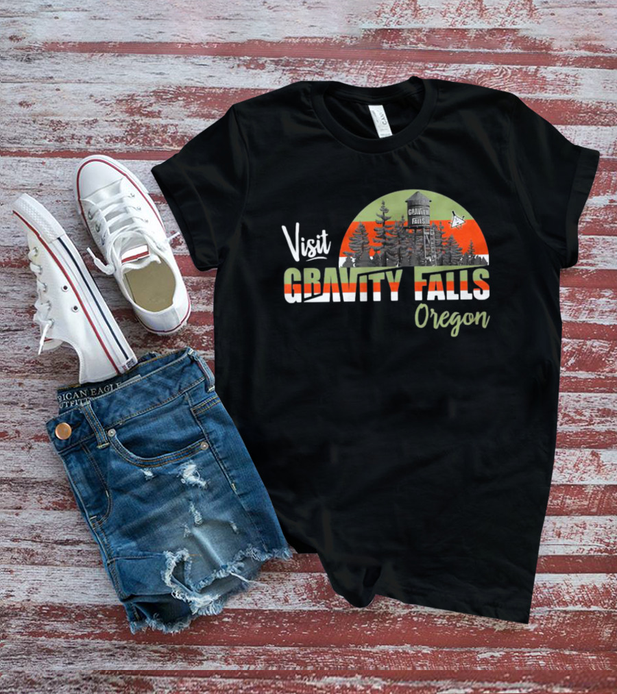 Visit Gravity Falls Oregon Trees And Lookout Tower Scene T-Shirt