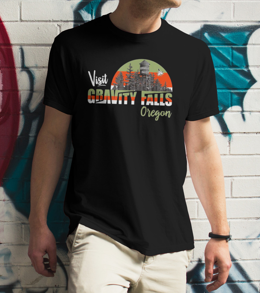 Visit Gravity Falls Oregon Trees And Lookout Tower Scene T-Shirt
