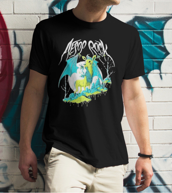 Aesop Rock Mythical Creature With Bat Wings And Moon Background T-Shirt