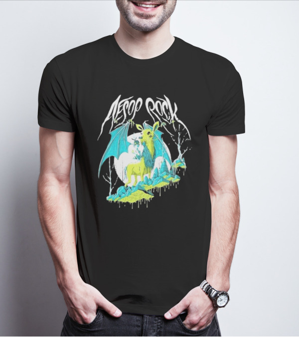 Aesop Rock Mythical Creature With Bat Wings And Moon Background T-Shirt