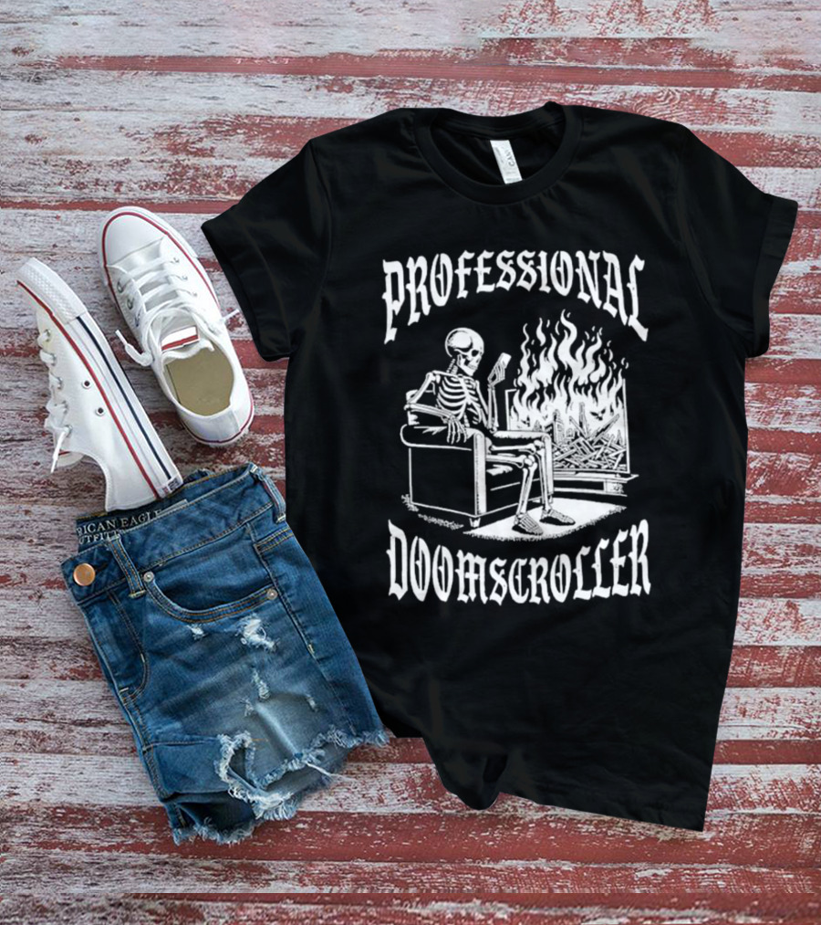 Professional Doomscroller Skeleton By Fireplace T-Shirt