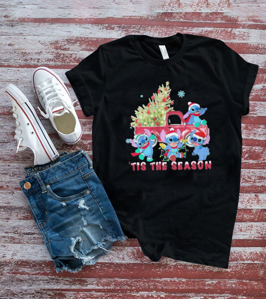 Stitch Tis The Season Christmas Santa Claus With Tree And Truck T-Shirt