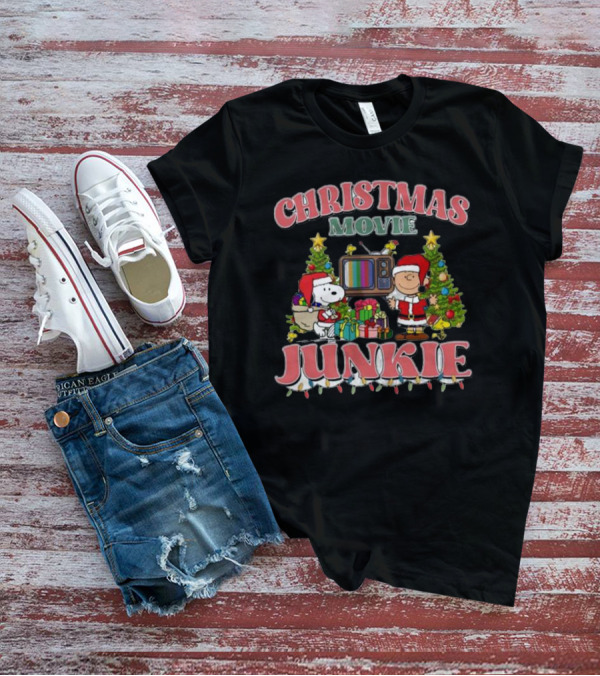 Christmas Movie Junkie Snoopy And Charlie Brown Festive TV Scene T-Shirt
