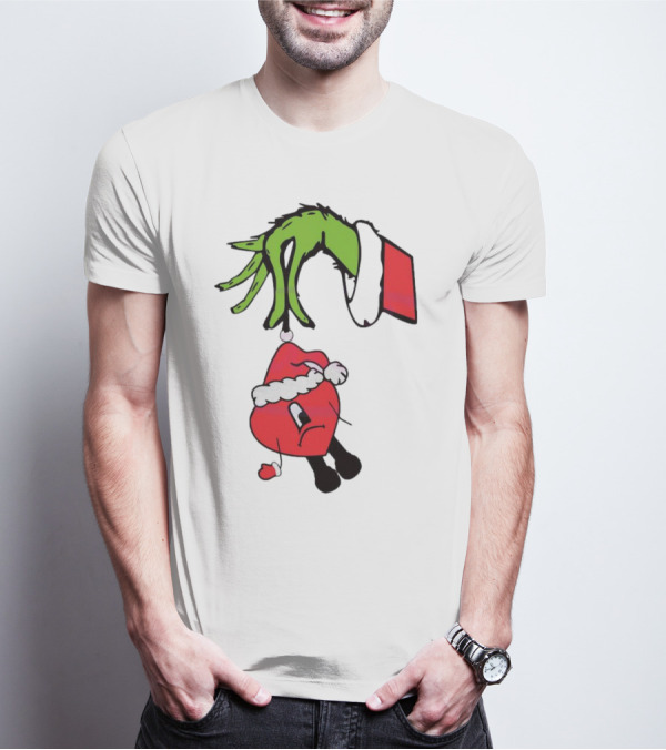 Grinch Hand Holding Santa Hat Bad Bunny Xmas T-Shirt
