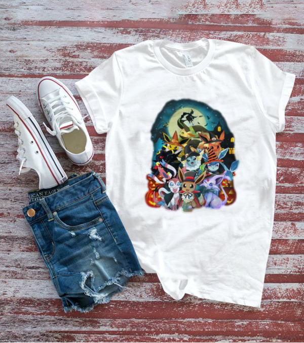 Halloween Eevee All Evolutions With Pumpkins And Witch Hat Moon Scene T-Shirt