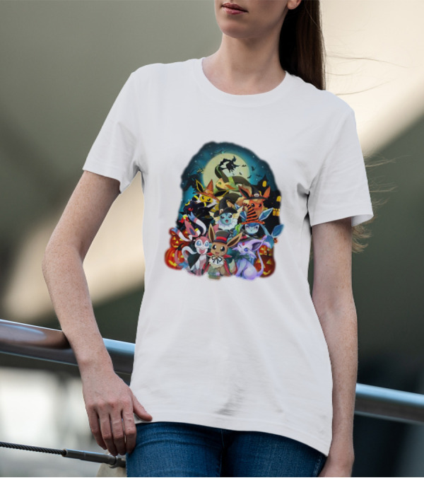 Halloween Eevee All Evolutions With Pumpkins And Witch Hat Moon Scene T-Shirt