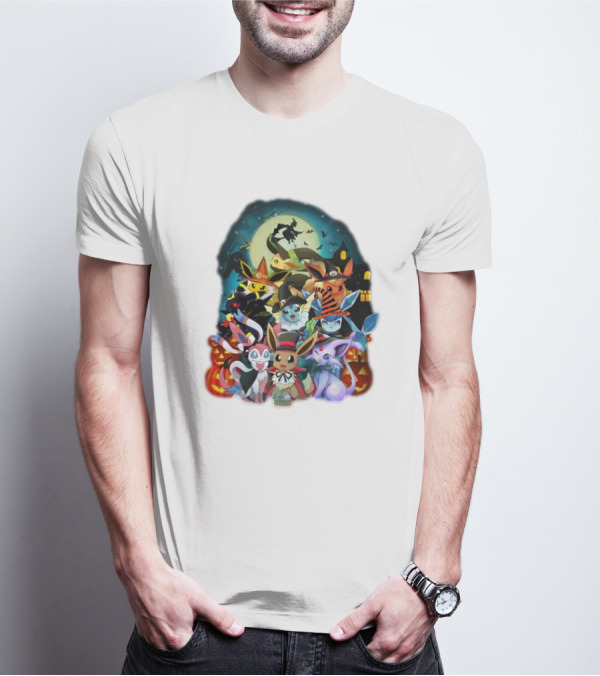 Halloween Eevee All Evolutions With Pumpkins And Witch Hat Moon Scene T-Shirt