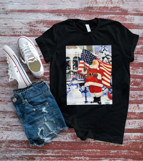 Santa Claus And Snowman With American Flag In Winter Scene T-Shirt