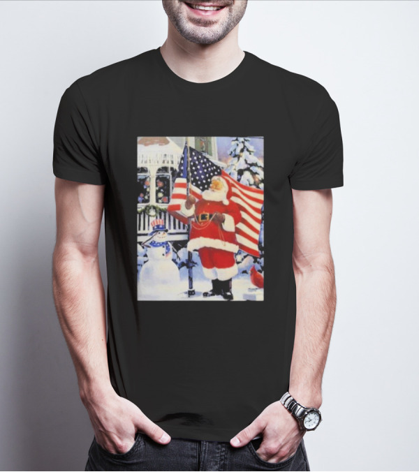 Santa Claus And Snowman With American Flag In Winter Scene T-Shirt