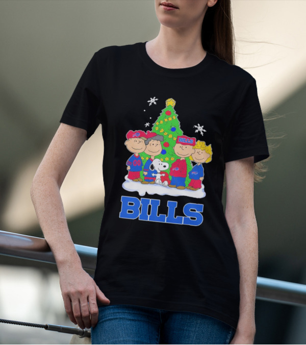 Peanuts Characters With Buffalo Bills Christmas Tree And Snowflakes T-Shirt
