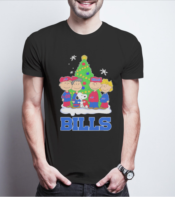 Peanuts Characters With Buffalo Bills Christmas Tree And Snowflakes T-Shirt