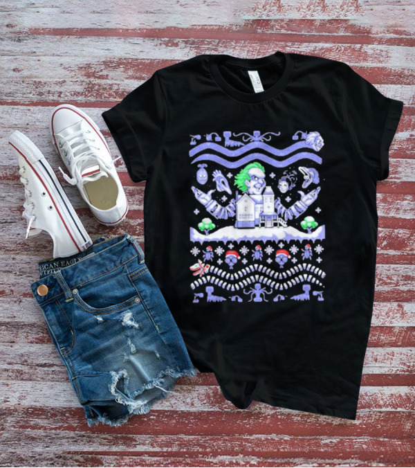 Christmas Beetlejuice Snowy House Scene And Ghostly Icons T-Shirt
