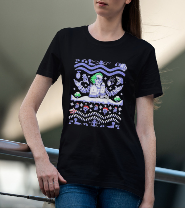 Christmas Beetlejuice Snowy House Scene And Ghostly Icons T-Shirt