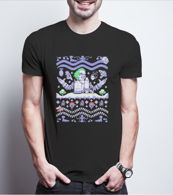 Christmas Beetlejuice Snowy House Scene And Ghostly Icons T-Shirt