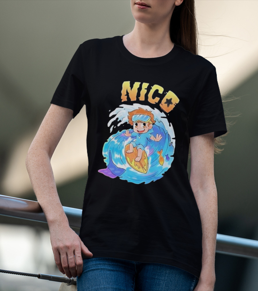 Nico Surfing In Ocean Wave Art With Cash And Nico Nico Starfish T-Shirt