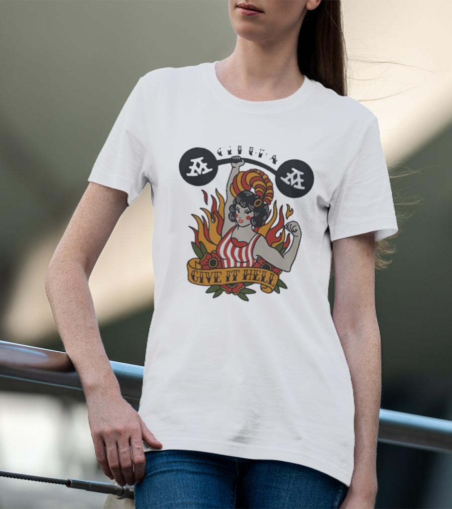 Get Up Give It Hell Retro Strongwoman Flames Barber Pole Haircurl Stripes Roses Boxing Gym Vintage T-Shirt