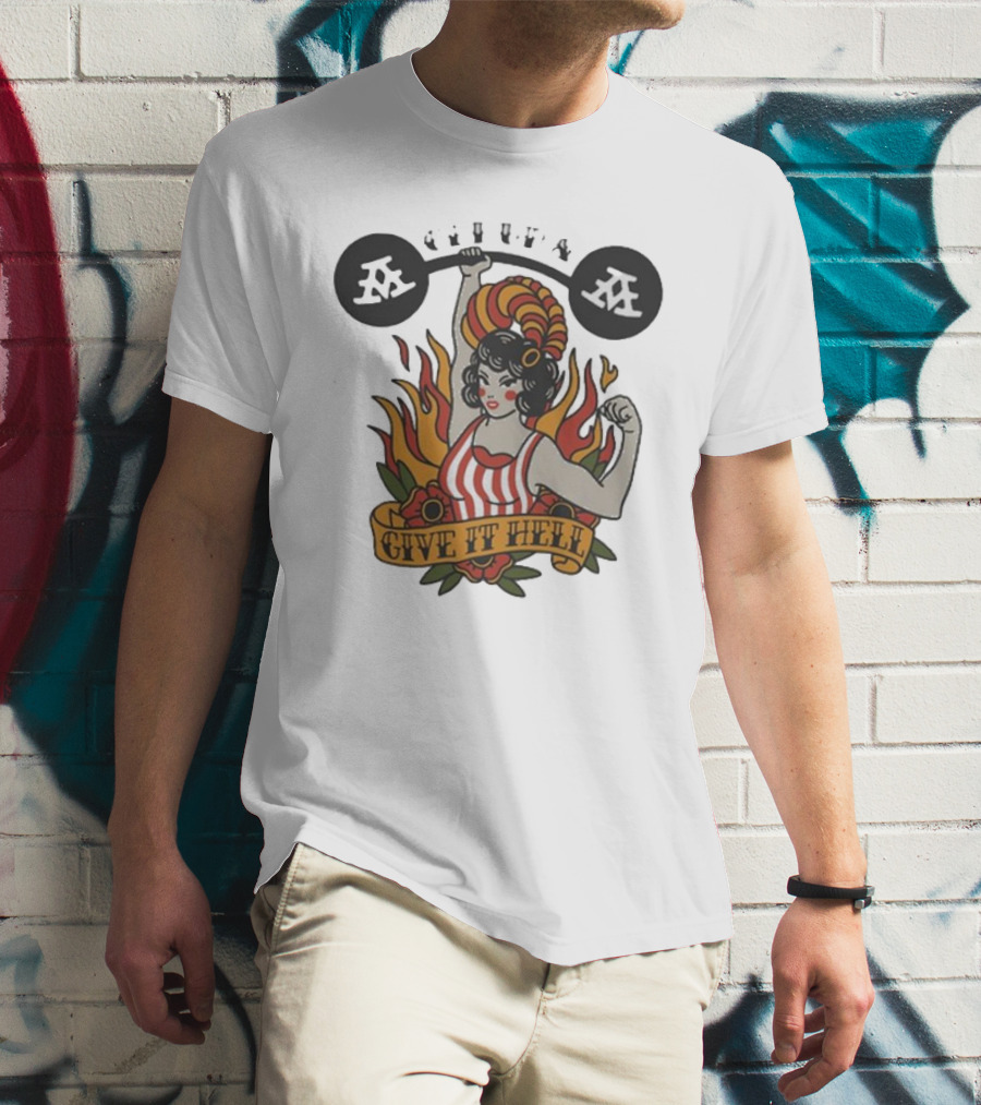 Get Up Give It Hell Retro Strongwoman Flames Barber Pole Haircurl Stripes Roses Boxing Gym Vintage T-Shirt